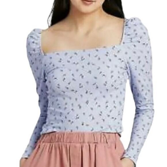 wild fable Tops - Wild Fable Top Womens XL Blue Floral Square Neck Long Sleeve Fitted Stretch